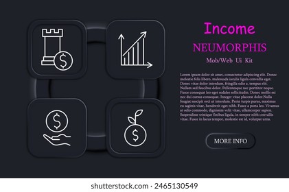 Icono de conjunto de ganancias. Moneda, neomorfismo, brillante, estrategia de ganancias, estadística, dinero, diagrama, crecimiento, capital, ahorro, idea, inicio, dolor, hacer dinero. Concepto de multiplicación de activos.