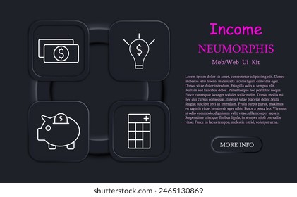 Icono de conjunto de ganancias. Moneda, neomorfismo, brillante, estrategia de ganancias, estadística, dinero, diagrama, crecimiento, capital, ahorro, idea, inicio, dolor, hacer dinero. Concepto de multiplicación de activos.