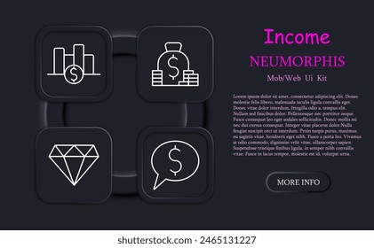 Icono de conjunto de ganancias. Moneda, neomorfismo, brillante, estrategia de ganancias, estadística, dinero, diagrama, crecimiento, capital, ahorro, idea, inicio, dolor, hacer dinero. Concepto de multiplicación de activos.