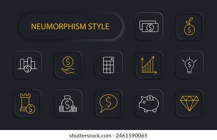 Profit set icon. Coin, sprout, tower, earnings strategy, statistic, money, diagram, growth, capital, savings, piggy bank, idea, startup, bulb, neomorphism, making money. Asset multiplication concept.