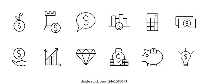 Profit set icon. Coin, sprout, tower, earnings strategy, statistic, money, diagram, growth, capital, savings, piggy bank, idea, startup, light bulb, dolor, making money. Asset multiplication concept.