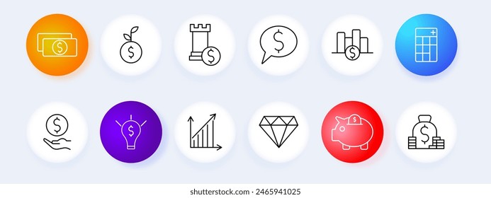 Profit set icon. Coin, sprout, tower, earnings strategy, statistic, money, diagram, growth, capital, savings, piggy bank, idea, startup, light bulb, dolor, making money. Income concept.