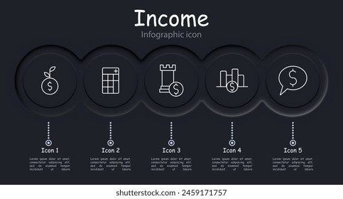 Profit set icon. Coin, tower, earnings strategy, statistic, money, diagram, growth, capital, savings, piggy bank, idea, startup, infographic, calculator, neomorphism. Asset multiplication concept.