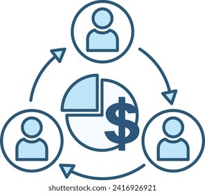 Icono de color de la parte de beneficios. Icono vectorial del gráfico circular, icono del dólar y de los accionistas. Concepto de negocio y trabajo en equipo