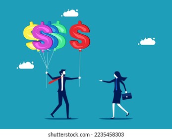 Profit sharing. Businessman gives dollar balloons. vector illustration