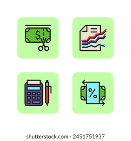 Profit sharing icon set. Dividing money, banknote, scissors, profit report, growth chart, calculator, money turnover, interest payment. Profit growth, business concept. Vector illustration web design