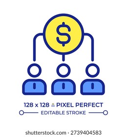 Profit sharing pixel perfect line color icon. Organization financial structure. Corporate stakeholders. Management. Isolated vector illustration. Flat colorful symbol design. Editable stroke