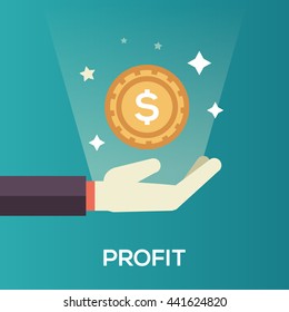 Profit single isolated modern vector line design icon with a hand and dollar coin