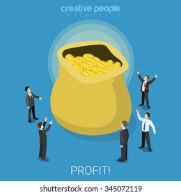 Profit snatch flat 3d isometry isometric business concept web vector illustration. Businessmen around huge bag full of golden coins. Creative people collection.