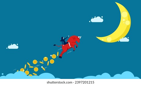 Profit from stock trading. Businesswoman on the bull market sprinkles money in the sky. vector 