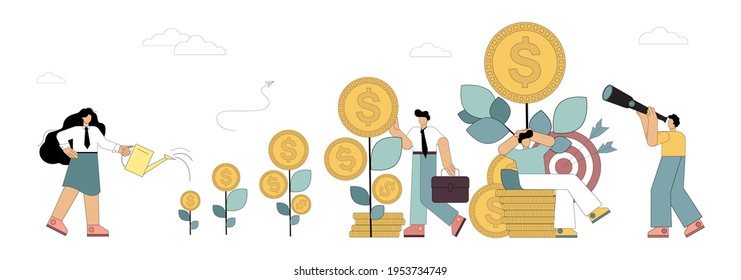 Profit strategy. Return on investment. Income growth. Investment. People grow money. Vector illustration isolated on white background.