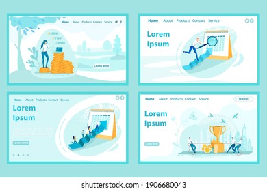 Profit Strategy Training. Businesspeople Striving for Fair Benefits, Competitive Position in Market, and Profitable Business. Four Flat Vector Landing Page Templates with Copy Space for Extra Text.