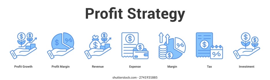 Profit Strategy web banner icon set vector illustration concept for business with icon of Profit Growth, Profit Margin, Revenue, Expense, Marg.