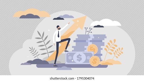 Profit success with financial money income growth flat tiny persons concept. Economical wealth revenue visualized as pile of cash vector illustration. Budget savings and deposit progress development.