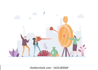 Profit Target Vector Illustration Concept Showing Managers Playing Dart Targeting Profit, Suitable for landing page, ui, web, mobile app intro card, editorial print, flyer, and banner.