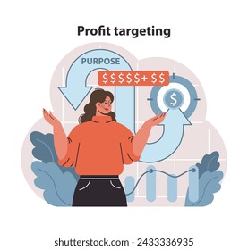 Profit Targeting in Business. A strategic financial plan focusing on achieving set profit goals. Visualizing objectives and outlining steps for revenue growth. Flat vector illustration.