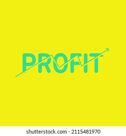 Profit title text. Green font color with graph up on yellow background. Business concept.
