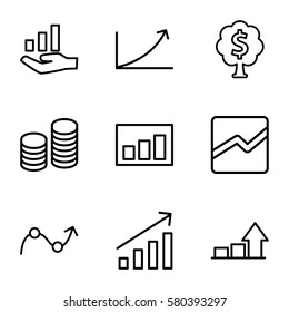 profit vector icons. Set of 9 profit outline icons such as line chart, coin, graph, money tree