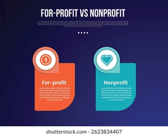 for profit vs nonprofit infographic for comparison data with round box with circle badge on top with modern dark gradient style background with 2 point information vector