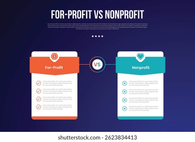 for profit vs nonprofit infographic for comparison data with price table box badge with triangle header with modern dark gradient style background with 2 point information vector