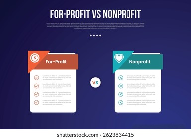 for profit vs nonprofit infographic for comparison data with price box table with triangle header badge with modern dark gradient style background with 2 point information vector