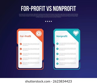 for profit vs nonprofit infographic for comparison data with creative big table price with badge on header side with modern dark gradient style background with 2 point information vector
