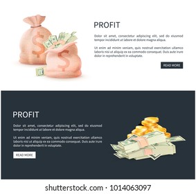 Profit web posters set with sacks full of money vector illustration of bag with dollar banknotes and golden coins, pages with read more buttons and text