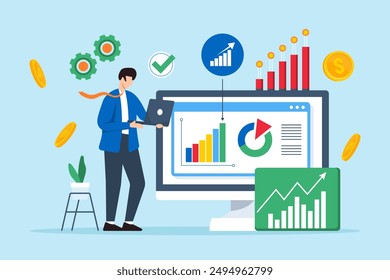 Profitability analysis, evaluating business, identifying cost-saving opportunities, profit margins optimization concept vector illustration. Analyst analyzing financial charts and graphs