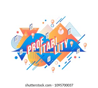 Profitability isometric text design on abstract geometric background with fluid blue and orange color shapes and textures. Isolated vector illustration of volumetric letters and business elements.