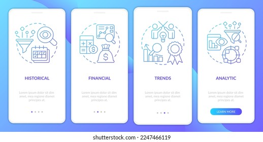Modelos de rentabilidad para el comercio de pantalla de aplicación móvil con gradiente azul. Recorrido 4 pasos instrucciones gráficas con conceptos lineales. UI, UX, plantilla GUI. Multitud de tipos de letra Pro-Bold, con uso regular