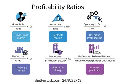 Profitability Ratios Formula for gross profit margin, net profit margin, operating profit, roa, roe, eps