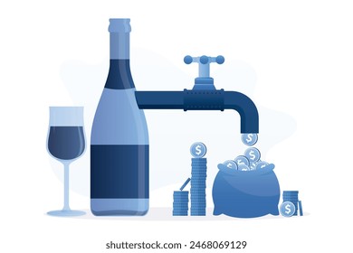 Profitable alcohol industry. Pipeline, open tap with money flow. Wine bottle with huge pipe and valve. Cash flow, earnings from sell of alcohol production. Wine making business. vector illustration