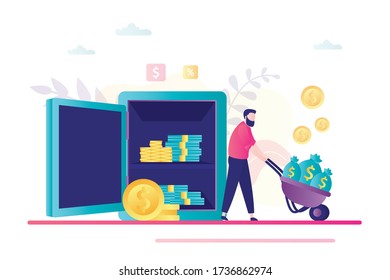 Profitable bank deposit, rich male character increase your capital. Businessman pushing cart with money from open steel strongbox.Business person got loan. Banking service concept. Vector illustration