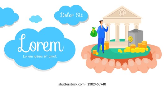 Profitable Banking Business Vector Banner Template. Budget Increase Service, Deposit Investment Offer. Banker with Cash Bag Cartoon Character. bank Loan, Credit Flat Illustration with Text Space