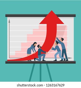 Profitable business concept - people group (working team of managers) in flipchart with graph holding arrow up - vector illustration of profit, growth, success, wealth