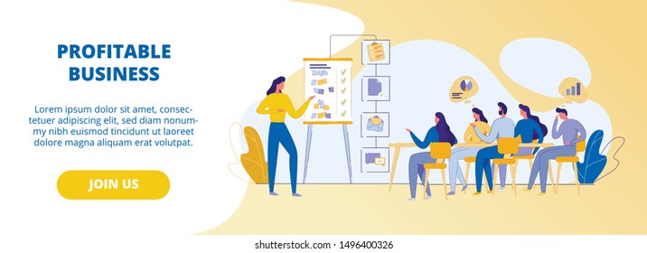 Profitable Business. Drawn Character, Business Coach Stands in Front of Audience Explains to Colleagues, Group Students Basics and Principles Success. Basic Concepts. Diagrams. Infographics. Banner.