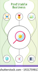 profitable business editable infographic template with icons of calendar, safebox, search, globe, background, medal, focus