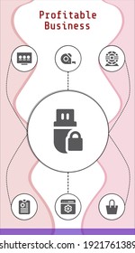 profitable, von Unternehmen bearbeitbare Infografik-Vorlage mit Symbolen des Hamsterrads, Messband, Einstellung, Beutel, Zwischenablage, Präsentation, Pendrive