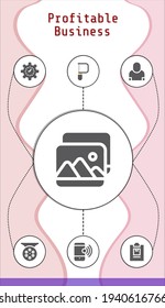 profitable business editable infographic template with icons of Salesman, Notepad, Picture, Saw, Management, Reel, Smartphone