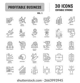 Colección rentable del icono del negocio. Contiene ganancias, ingresos, ingresos, ventas, flujo de caja y más. Ilustración vectorial