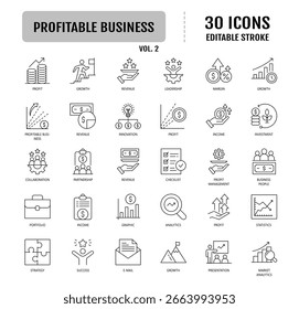 Profitable Business Icon-Sammlung. Mit Gewinn, Einkommen, Umsatz, Umsatz, Cashflow und mehr. Vektorgrafik