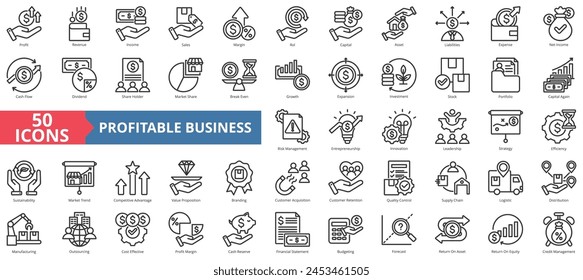 Conjunto de colección de iconos de negocios rentables. Conteniendo ganancias, ingresos, ingresos, ventas, margen, flujo de caja, capital, icono de activo. Vector de línea simple.