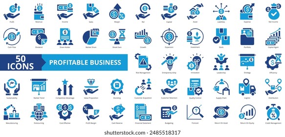 Conjunto de colección de iconos de negocios rentables. Conteniendo ganancias, ingresos, ingresos, ventas, margen, flujo de caja, capital, icono de activo. Sencillo Vector plano.