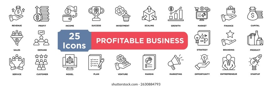 Profitable Business icon collection set. Containing revenue,profit,income,success,investment,scaling,growth,market,finance,capital icon. Simple line vector.