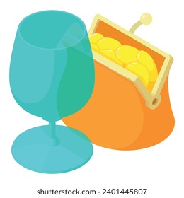 Profitable business icon isometric vector. Empty wine glass and wallet with coin. Winemaking, drink production