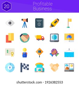 profitable business icon set. 20 flat icons on theme profitable business. collection of handshake, deal, flag, siam paragon, cards, sign, investment, video camera, delivery truck