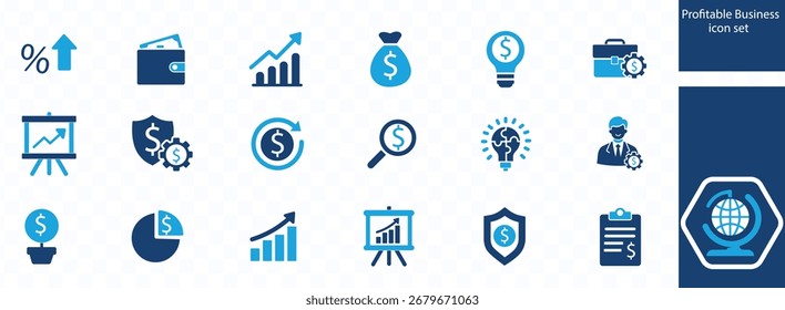 Profitable Business Ikonensatz . mit Strategie, Umsatz, Wettbewerbsvorteil, Marge, Fertigung, Angebot, Nachhaltigkeit, Produkt