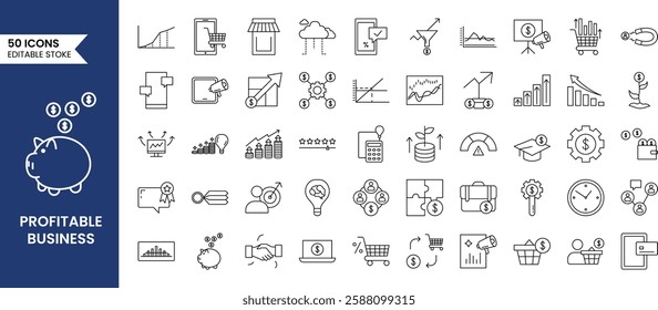 Profitable Business icon set in line style. containing money, profit, earnings, payment, cash flow, paycheck, work and more. Vector illustration