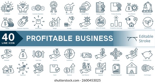 profitable business icon set, simple line element profitable business with editable stroke, profitable business simple icon, icon line style vector image
