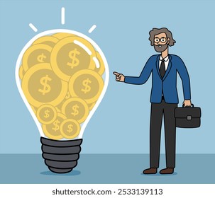 idea de negocio rentable, concepto de ideas de ilustración ejecutiva, idea financieramente rentable, hombre de negocios apuntando a la idea,